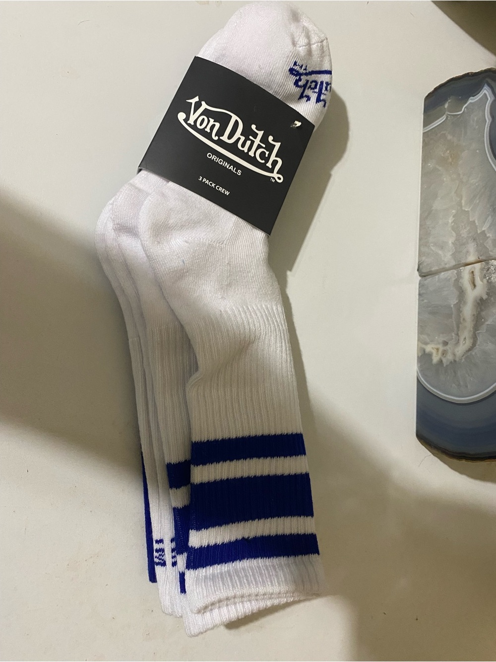 Von Dutch White Crew Socks with Blue Stripe Accents